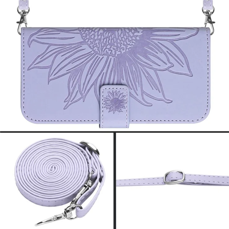 For iPhone 12 / 12 Pro 6.1 inch HT04 Imprinted Sunflower Phone Wallet Stand Case Skin-touch PU Leather Folio Flip Cover with Shoulder Strap - Light Purple