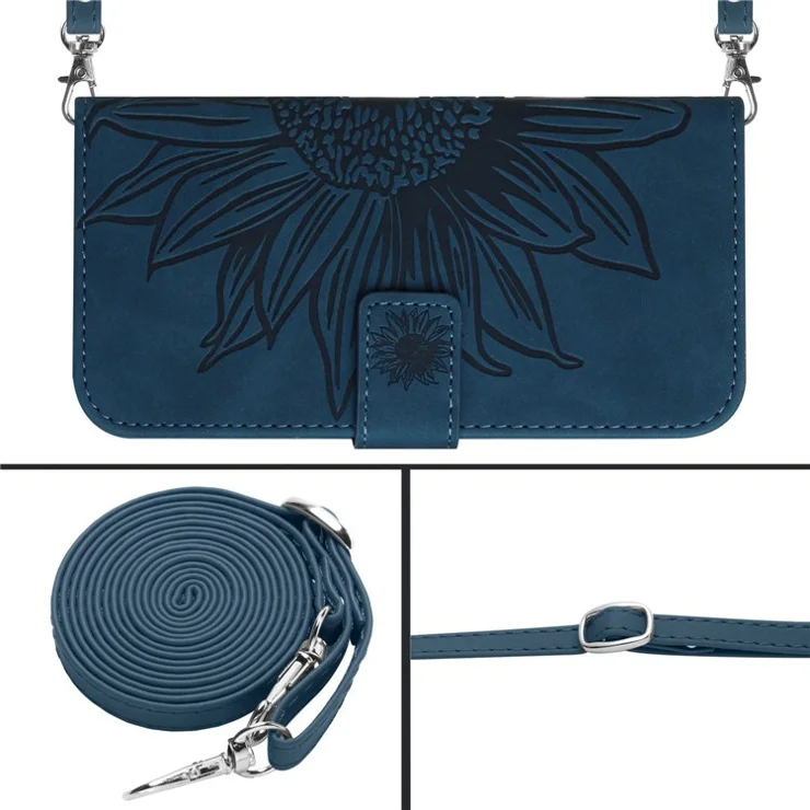 For iPhone 12 / 12 Pro 6.1 inch HT04 Imprinted Sunflower Phone Wallet Stand Case Skin-touch PU Leather Folio Flip Cover with Shoulder Strap - Dark Blue