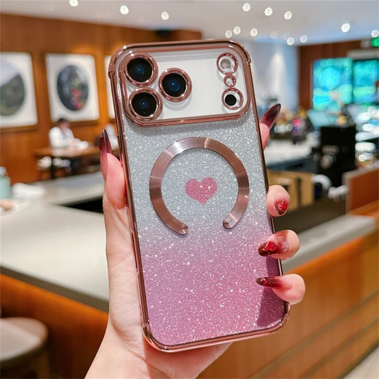 For iPhone 17 Pro Max Case Gradient Sparkle TPU Phone Cover Compatible with  MagSafe - Rose Pink