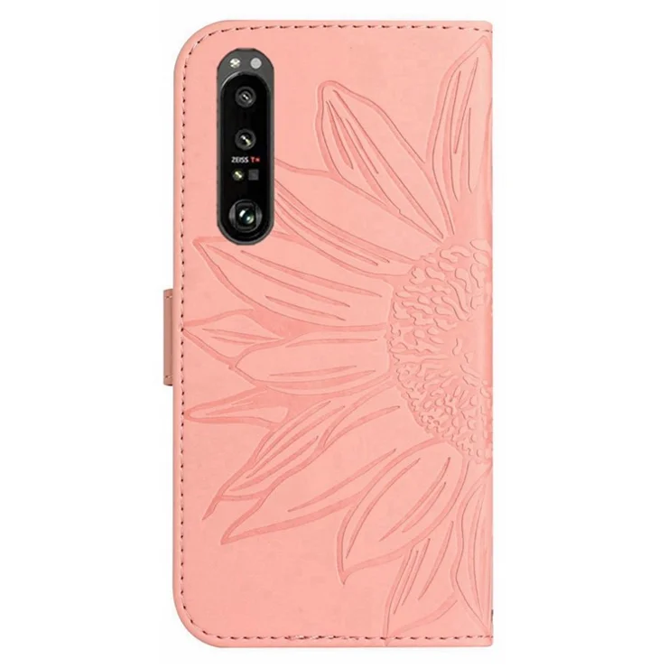 For Sony Xperia 1 IV 5G HT04 Sunflower Imprinted Drop-proof Stand Wallet Case Skin-touch PU Leather Phone Cover with Shoulder Strap - Light Pink