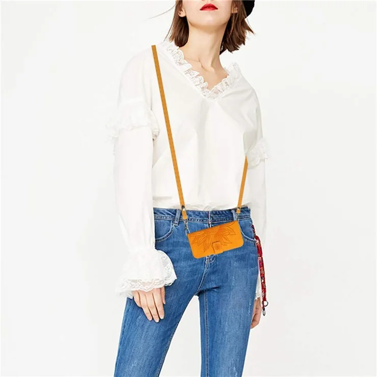 For Samsung Galaxy A33 5G HT04 Sunflower Imprinted PU Leather Case Stand Wallet Skin-touch Phone Cover with Shoulder Strap - Yellow