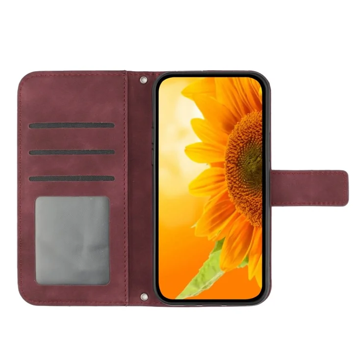For Samsung Galaxy A22 5G (EU Version) HT04 Imprinted Sunflower PU Leather Smartphone Cover Stand Drop-proof Skin-touch Phone Wallet Case with Shoulder Strap - Wine Red