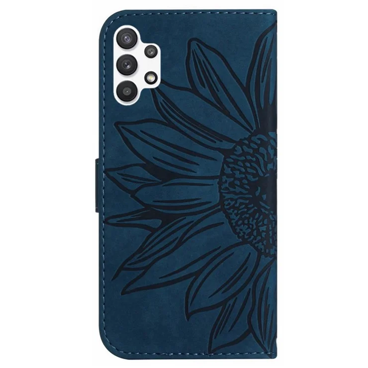 Protective Flip Leather Phone Case For Samsung Galaxy A13 4G, HT04 Skin-touch Imprinted Sunflower Phone Cover Stand Wallet with Shoulder Strap - Dark Blue