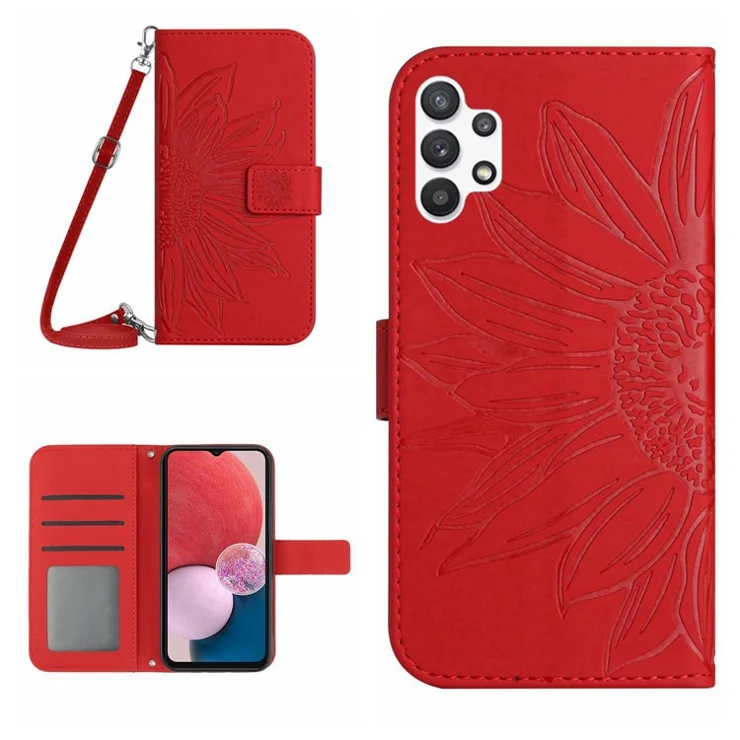 Protective Flip Leather Phone Case For Samsung Galaxy A13 4G, HT04 Skin-touch Imprinted Sunflower Phone Cover Stand Wallet with Shoulder Strap - Red