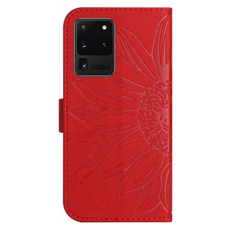 For Samsung Galaxy S20 Ultra HT04 Stand Wallet Phone Case with Shoulder Strap Skin-touch Imprinted Sunflower PU Leather Phone Cover - Red