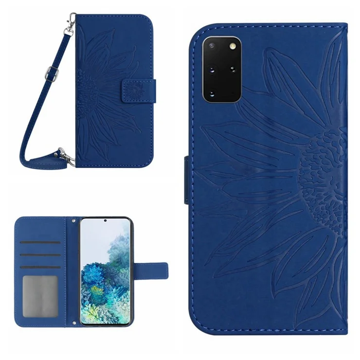 Imprinted Sunflower Phone Cover For Samsung Galaxy S20 Plus 4G / 5G, HT04 Skin-touch PU Leather Stand Wallet Case Phone Shell with Shoulder Strap - Sapphire