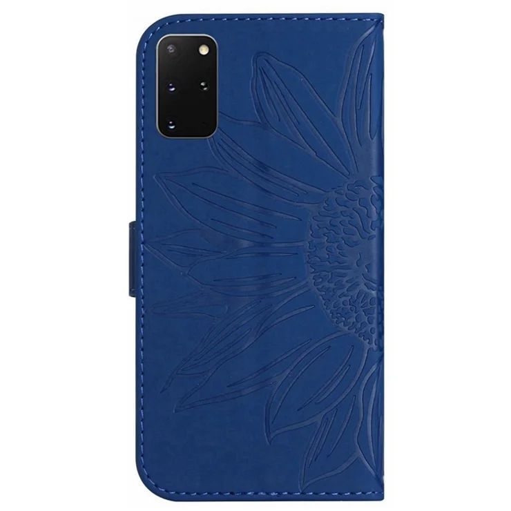 Imprinted Sunflower Phone Cover For Samsung Galaxy S20 Plus 4G / 5G, HT04 Skin-touch PU Leather Stand Wallet Case Phone Shell with Shoulder Strap - Sapphire