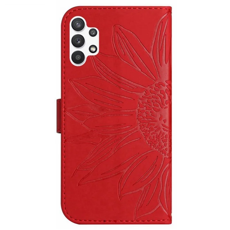 For Samsung Galaxy A32 5G / M32 5G HT04 Skin-touch Imprinted Sunflower Phone Cover PU Leather Shockproof Stand Wallet Case with Shoulder Strap - Red