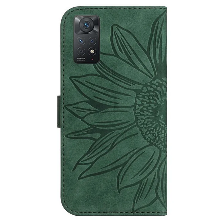 For Xiaomi Redmi Note 11S 4G / Note 11 4G (Qualcomm) HT04 Imprinted Sunflower PU Leather Skin-touch Full Protection Phone Case Wallet Stand with Shoulder Strap - Dark Green