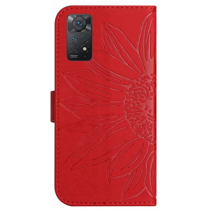 For Xiaomi Redmi Note 12 Pro 4G / 11 Pro 4G (MediaTek) / Note 11 Pro 5G (Qualcomm) HT04 Imprinted Sunflower Phone Cover Skin-touch Stand PU Leather Anti-scratch Wallet Case with Shoulder Strap - Red