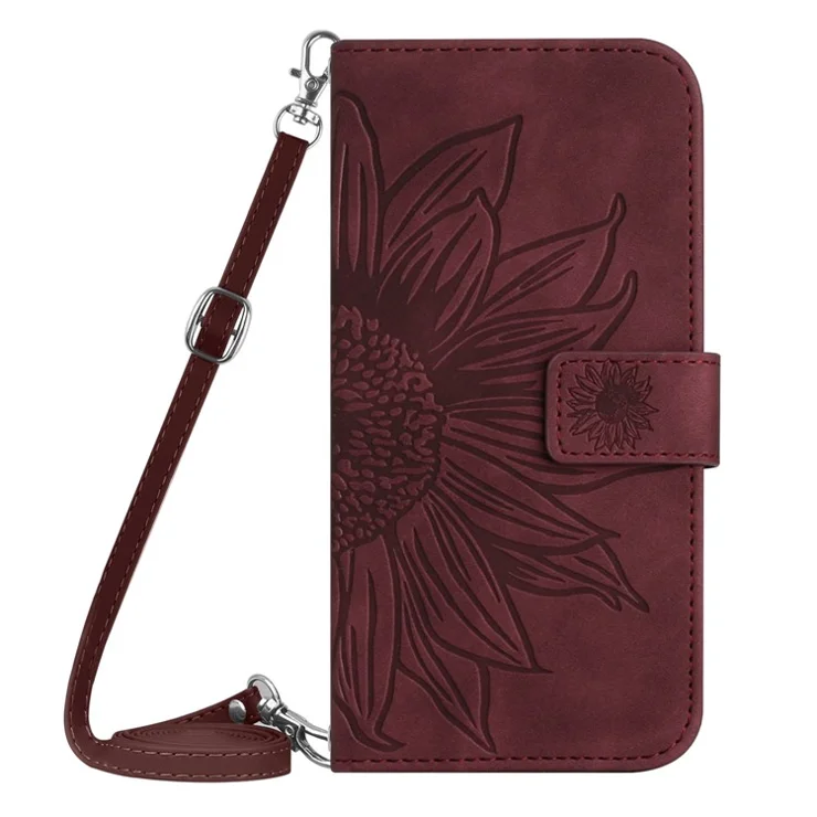 For Oppo A57 4G / A57s 4G / A57 (2022) 5G / A77 4G / A77 5G PU Leather Wallet Case Stand Imprinted Sunflower Skin-touch Phone Cover with Shoulder Strap - Wine Red