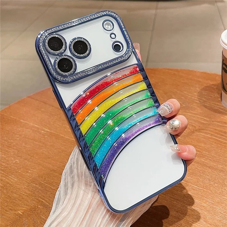 For iPhone 17 Pro Max Case Rhinestone Decor Rainbow Quicksand TPU Acrylic Phone Back Cover - Blue For iPhone 17 Pro Max Case Rhinestone Decor Rainbow Quicksand TPU Acrylic Phone Back Cover - Blue