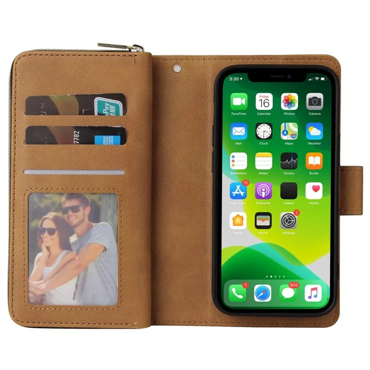 Anti-scratch PU Leather Phone Case For iPhone 14 Plus, 9 Card Holder Slots Magnetic Closure Zipper Pocket Flip Wallet Cover Stand with Strap - Brown