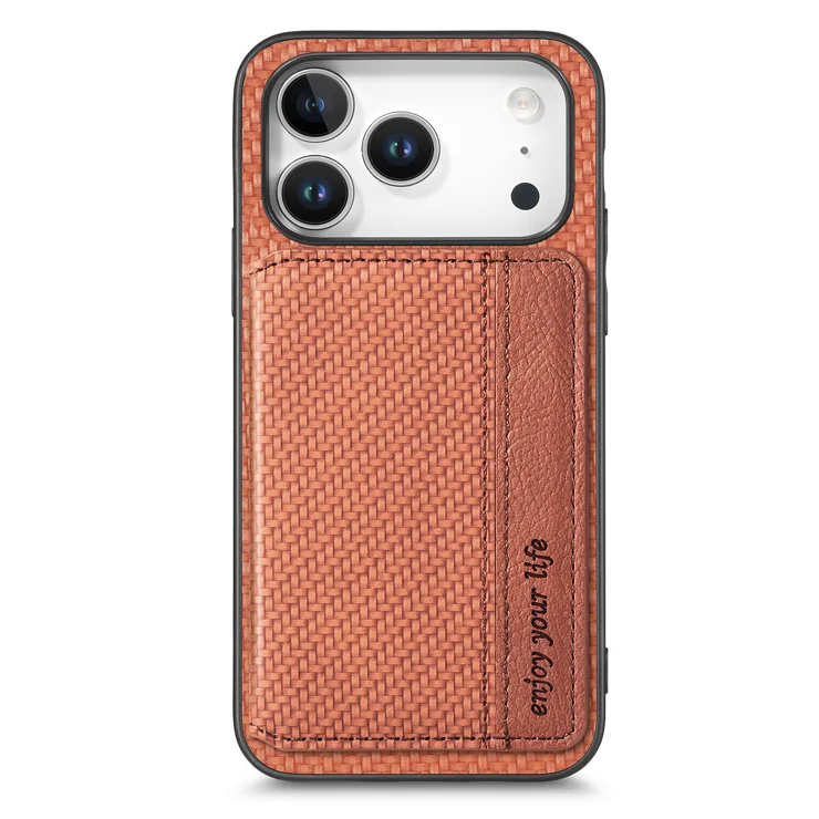 For iPhone 17 Pro Case RFID Blocking Carbon Fiber Leather Phone Back Cover with Card Holder - Brown For iPhone 17 Pro Case RFID Blocking Carbon Fiber Leather Phone Back Cover with Card Holder - Brown