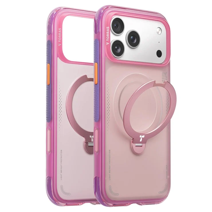 Coque IPhone 17 Pro Torras - Rotative 360° Magnétique - Transparente Rose - Support Intégré