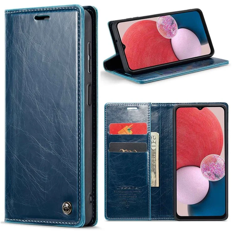 CASEME 003 Series For Samsung Galaxy A13 4G / 5G / A04s 4G (164.7 x 76.7 x 9.1 mm) PU Leather Waxy Texture Stand Wallet Case Magnetic Closure Phone Cover - Blue