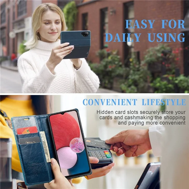 CASEME 003 Series For Samsung Galaxy A13 4G / 5G / A04s 4G (164.7 x 76.7 x 9.1 mm) PU Leather Waxy Texture Stand Wallet Case Magnetic Closure Phone Cover - Blue
