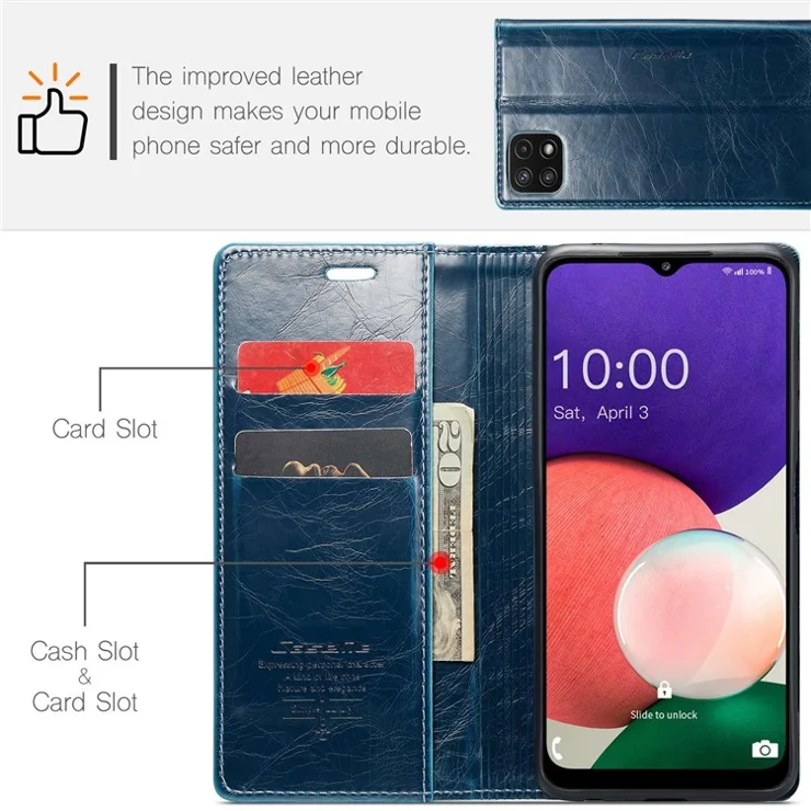 CASEME 003 Series For Samsung Galaxy A22 5G (EU Version) / F42 5G Waxy Texture Phone Wallet Stand Case PU Leather Magnetic Auto Closing Cover - Blue