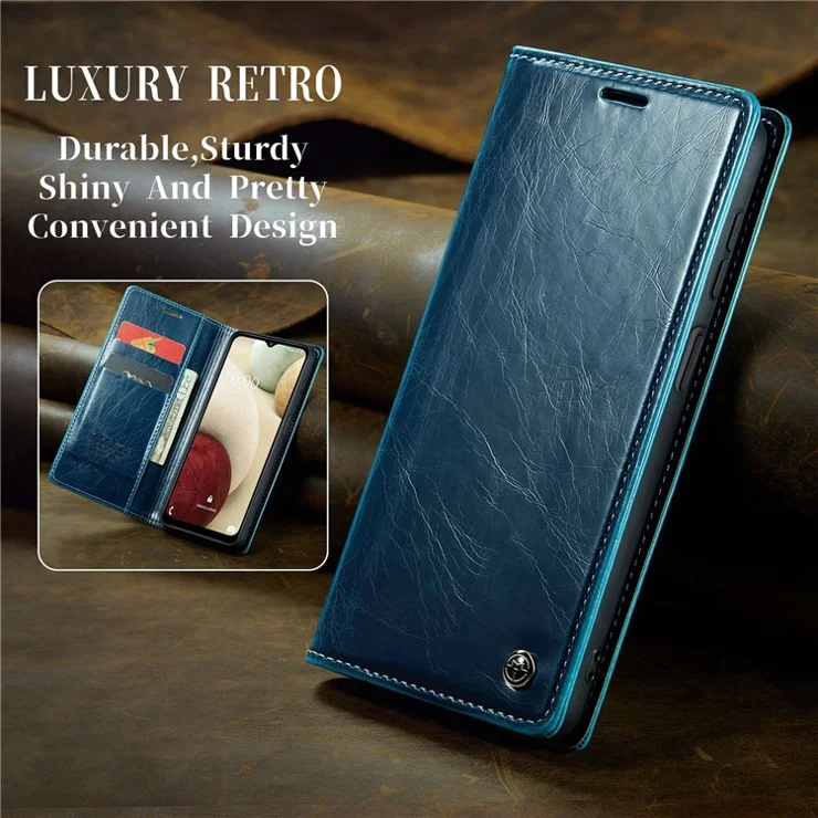 CASEME 003 Series For Samsung Galaxy A12 PU Leather Waxy Texture Phone Case Full Protection Stand Wallet Inner TPU Cover - Blue