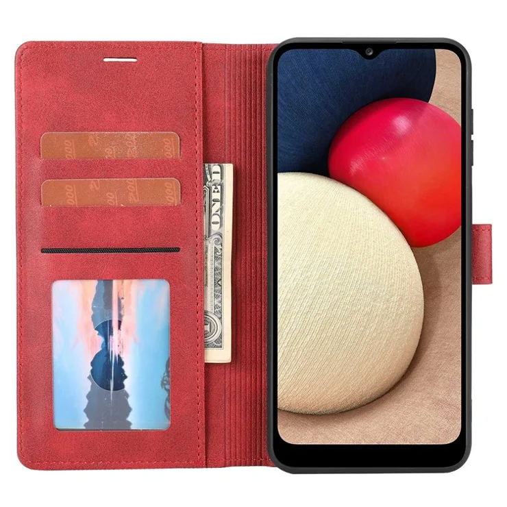 For Samsung Galaxy A14 5G / A14 4G Anti-scratch Phone Cover Stand Shockproof Color Line Decor Flip Leather Magnetic Closing Phone Case Wallet - Red