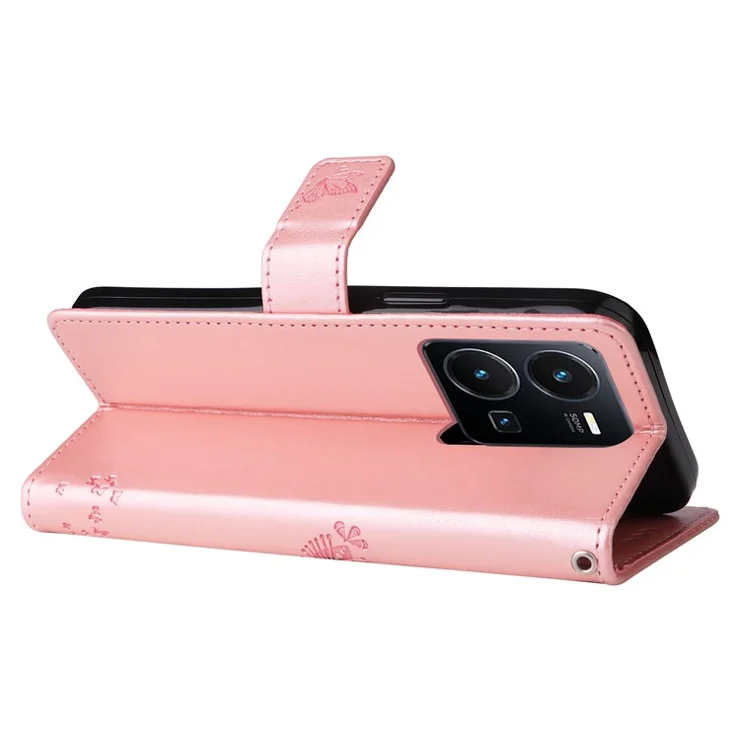 For vivo Y35 / Y22s 4G / Y22 4G Phone Case with Stand Cat Tree Pattern Leather Wallet Mobile Cover - Rose Gold