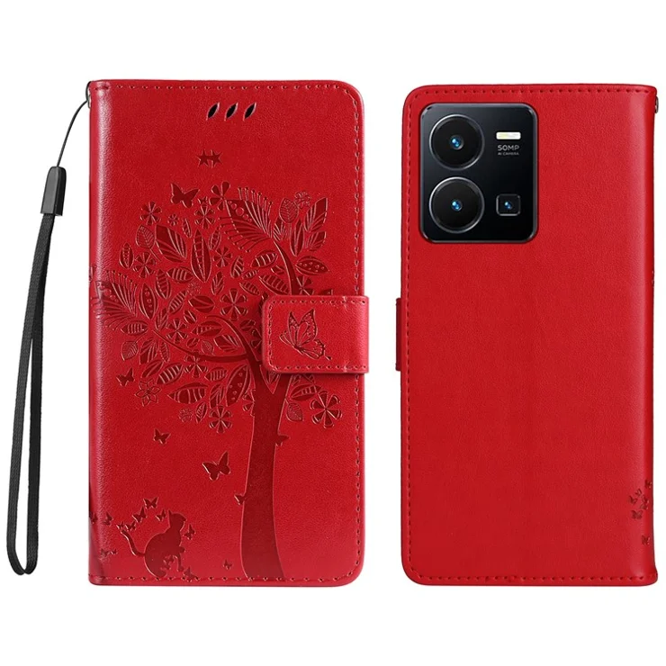 For vivo Y35 / Y22s 4G / Y22 4G Phone Case with Stand Cat Tree Pattern Leather Wallet Mobile Cover - Red