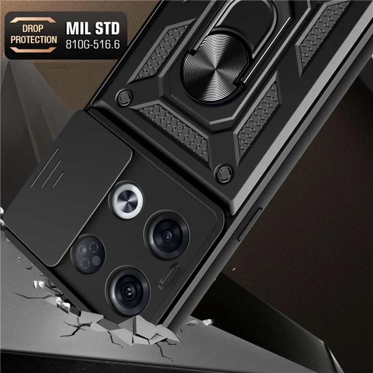 For Oppo Reno8 Pro 5G (Global Version) Ring Kickstand PC + TPU Cover Anti-drop Phone Case with Slide Camera Protector - Silver