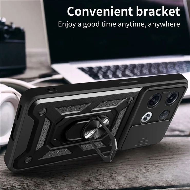 For Oppo Reno8 Pro 5G (Global Version) Ring Kickstand PC + TPU Cover Anti-drop Phone Case with Slide Camera Protector - Gold