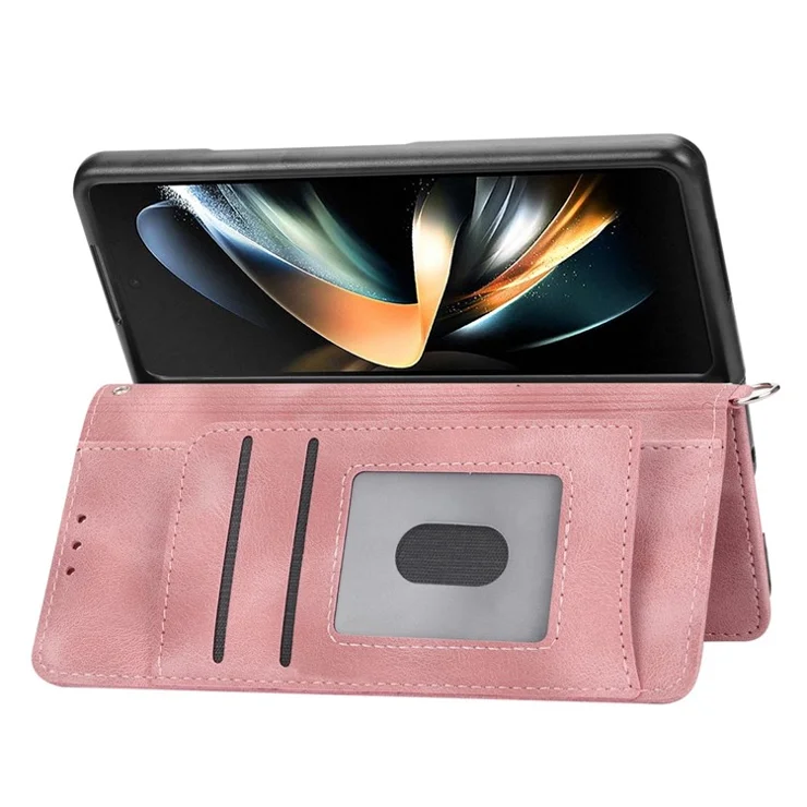 For Samsung Galaxy Z Fold3 5G Imprinted Flowers Skin-touch Phone Case PU Leather Wallet Stand Magnetic Clasp Cover with Shoulder Strap - Pink