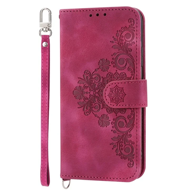 For Samsung Galaxy A12 Imprinted Flowers PU Leather Skin-touch Stand Phone Case Multiple Card Slots Wallet Cover with Wrist Strap and Shoulder Strap - Wine Red