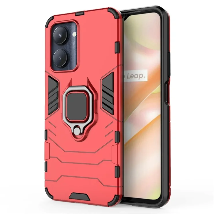 Hard PC + Soft TPU Case for Realme C33 2023 4G / C33 4G Ring Holder Kickstand Shockproof Cell Phone Cover - Red