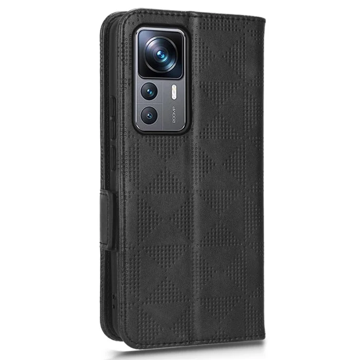 For Xiaomi 12T Pro 5G Imprinted Triangle Pattern Stand Anti-scratch Phone Case PU Leather Flip Wallet Cover with Hand Strap - Black