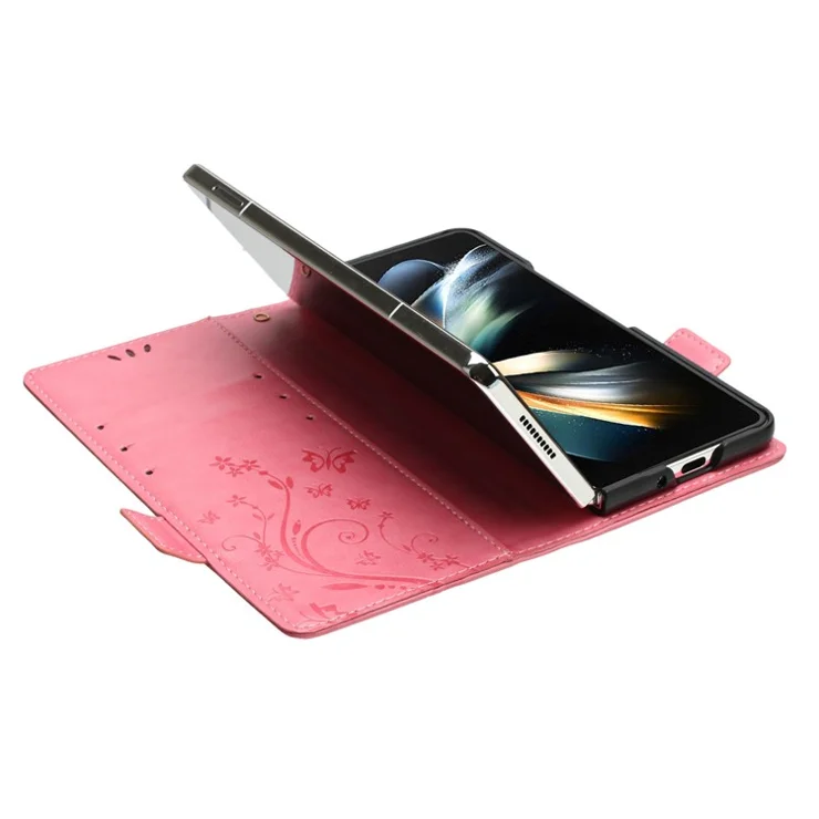 For Samsung Galaxy Z Fold4 5G PU Leather Wallet Case Imprinting Flower Butterflies Magnetic Closure Book Stand Folio Phone Cover - Pink