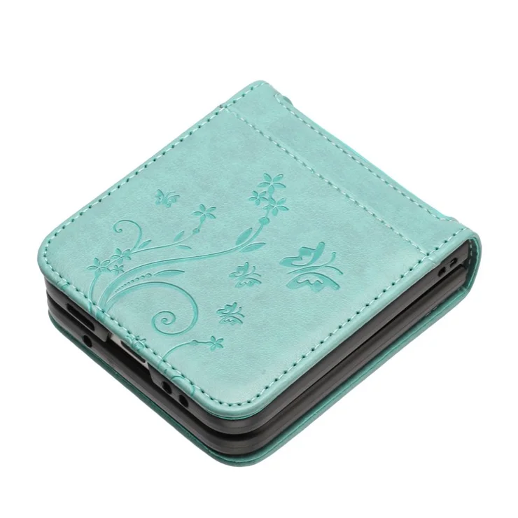 For Samsung Galaxy Z Flip4 5G PU Leather Imprinting Flower Butterflies Phone Cover Anti-Drop Protective Case - Baby Blue