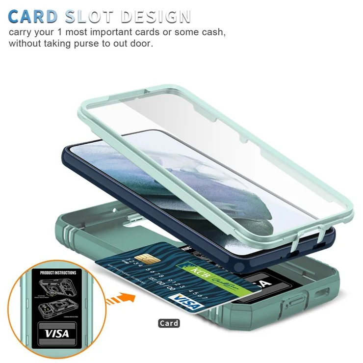 For Samsung Galaxy S21 FE 5G Anti-scratch Phone Case Card Holder with Sliding Camera Lid Kickstand PC+TPU Protective Back Cover - Green