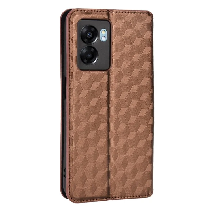 For OnePlus Nord N300 5G Rhombus Pattern Imprinted Magnetic Closure Stand Cover PU Leather Flip Wallet Phone Case - Brown