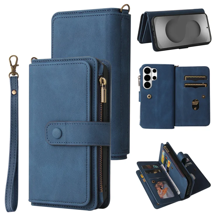 For Samsung Galaxy S26 Ultra Zipper Wallet Case with 15 Card Slots and  Strap Leather Phone Cover - Blue