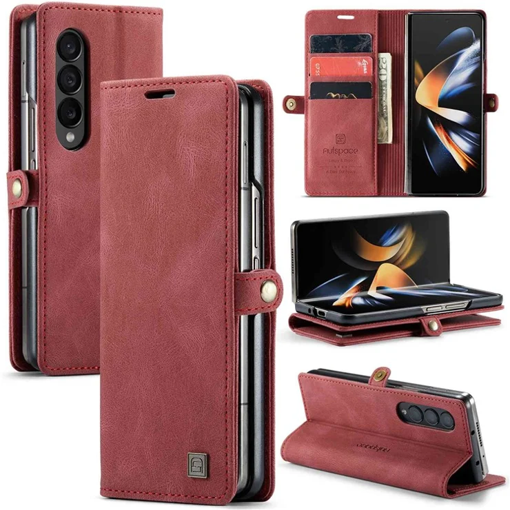 AUTSPACE A01 Series Phone Case for Samsung Galaxy Z Fold4 5G PU Leather Protective Case Magnetic Closure Vintage Matte Wallet Stand Cover - Red