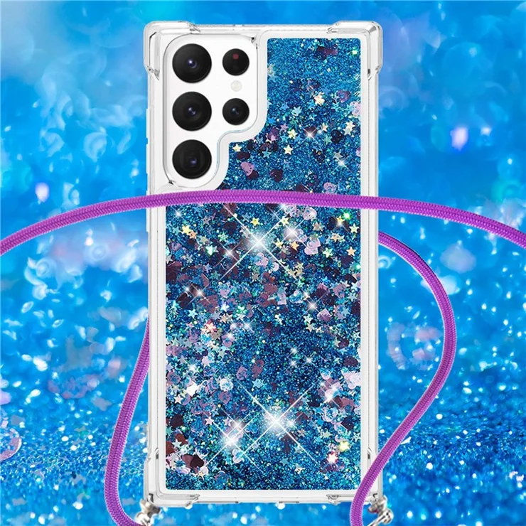 For Samsung Galaxy S23 Ultra TPU Case Quicksand Design Phone Cover with Lanyard - Blue / Hearts