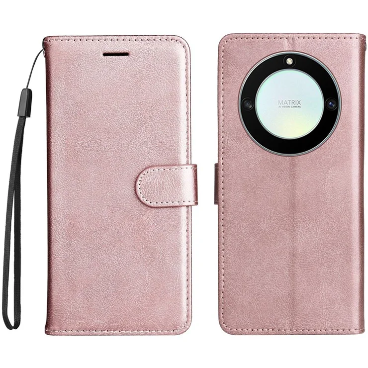 For Honor X40 5G / X9a 5G / Magic5 Lite 5G Case Solid Color Leather Mobile Cover Wallet Stand with Strap - Rose Gold