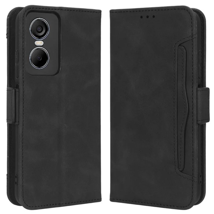 For TECNO Pop 6 Pro BE8 4G Dual Magnetic Clasp Phone Cover Stand Multiple Card Slots PU Leather Wallet Case - Black