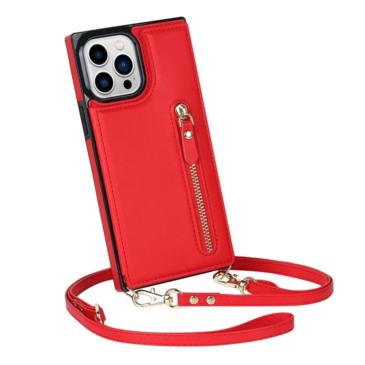 Wallet Phone Case for iPhone 14 Pro Max Anti-Fall Shockproof Case TPU PU Leather Protective Cover with Zippered Pouch / Shoulder Strap - Red
