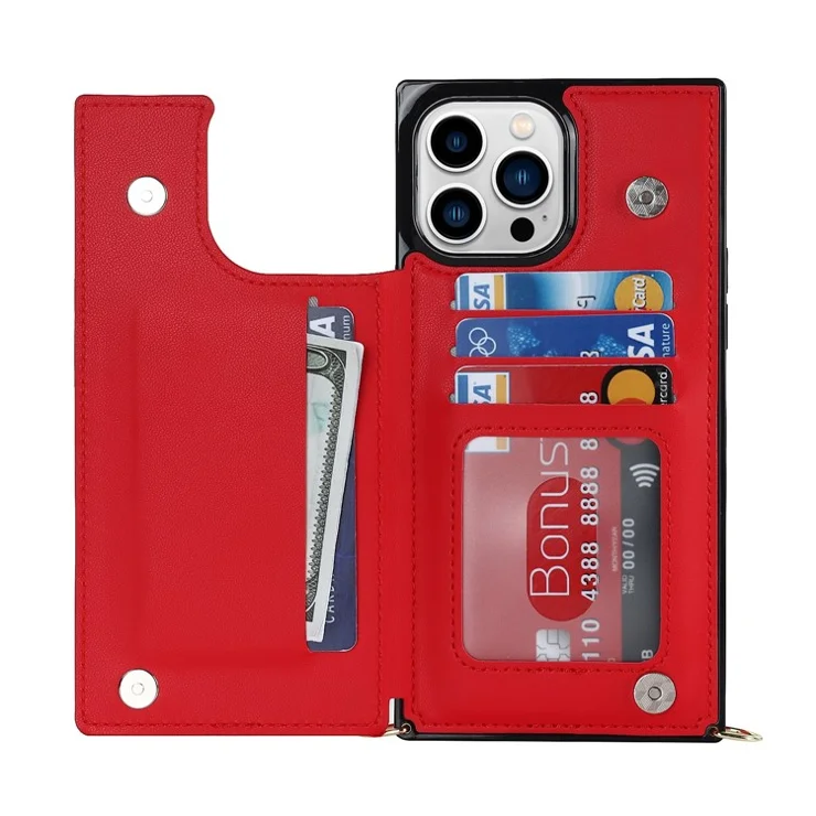 Wallet Phone Case for iPhone 14 Pro Max Anti-Fall Shockproof Case TPU PU Leather Protective Cover with Zippered Pouch / Shoulder Strap - Red