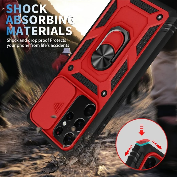 For Samsung Galaxy Note20 Ultra 5G Protective Phone Case Kickstand Card Holder with Sliding Camera Cover - Red / Black