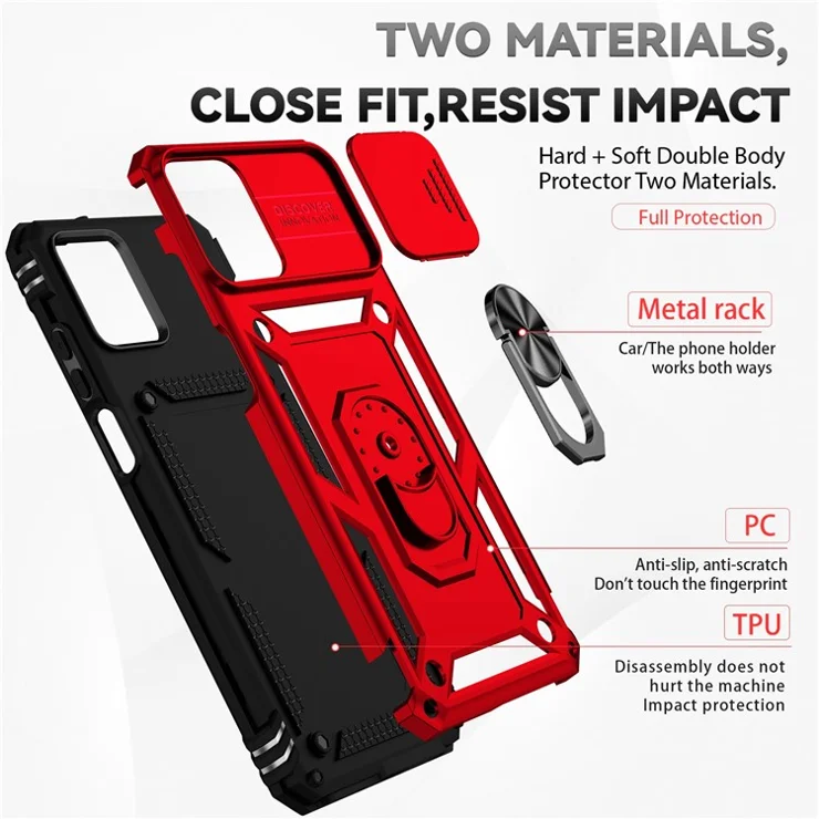 Back Case for Motorola Moto G32 4G, Slide Camera Protector Design Shockproof PC + TPU Protective Phone Cover with Metal Ring Kickstand - Red