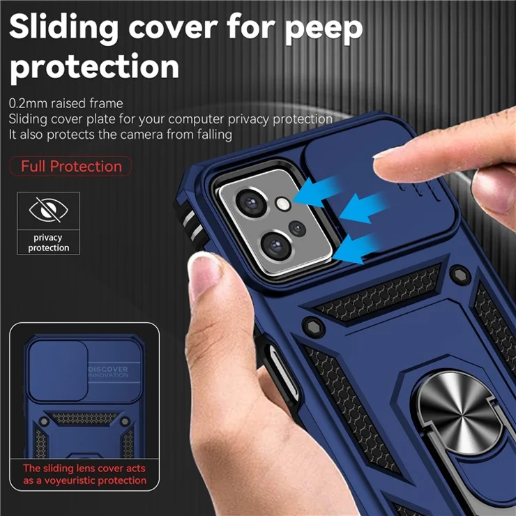 Back Case for Motorola Moto G32 4G, Slide Camera Protector Design Shockproof PC + TPU Protective Phone Cover with Metal Ring Kickstand - Blue
