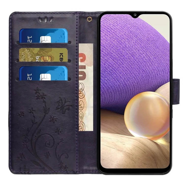 For Samsung Galaxy A23e Imprinting Flower Butterfly Phone Cover PU Leather Shockproof Wallet Stand Case - Dark Purple