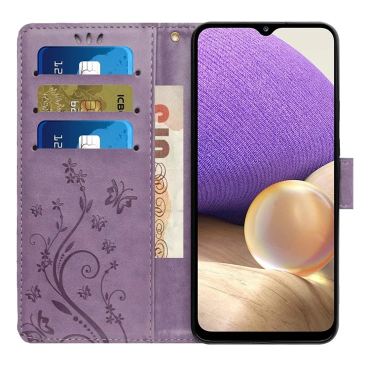 For Samsung Galaxy A23e Imprinting Flower Butterfly Phone Cover PU Leather Shockproof Wallet Stand Case - Light Purple