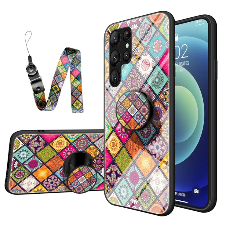 For Samsung Galaxy S23 Ultra Phone Cover Kickstand with Lanyard Flower Pattern Tempered Glass + PC + TPU Protective Mobile Phone Case - Checkered Pattern