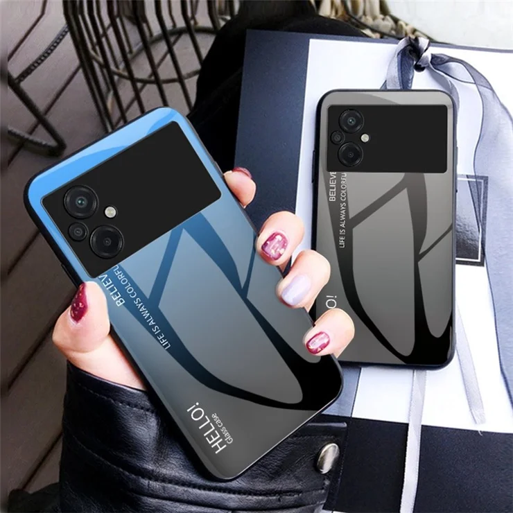 Anti-fall Phone Case For Xiaomi Poco M5 4G, Tempered Glass + PC + TPU Stylish Gradient Color Cell Phone Cover - Gradient Blue Black